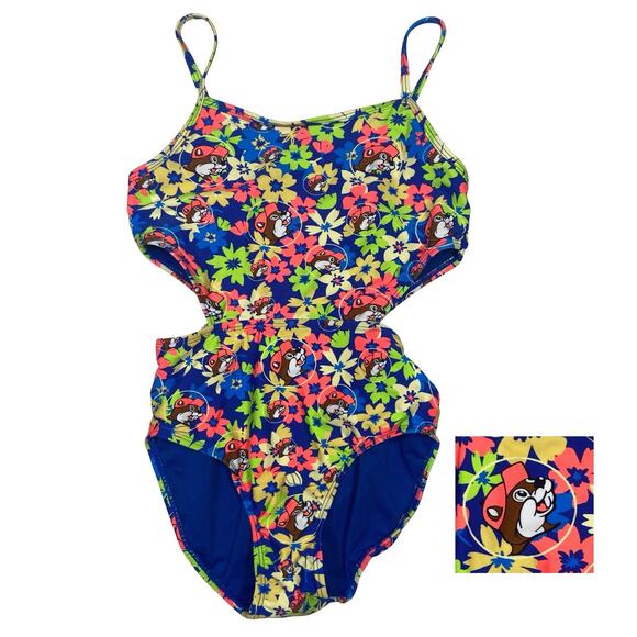 Buc-ees Swimsuit Girls Youth Large YL One Piece Bathing Suit Overall Print - Picture 1 of 4